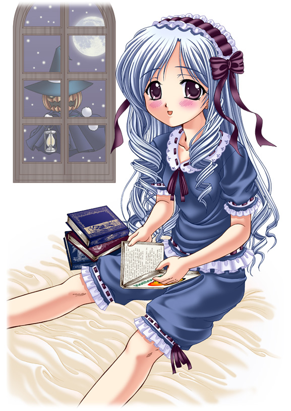 00s 1girl :o aria_(sister_princess) blue_dress book creature dress frills full_body hairband hat indoors jack-o'-lantern lolita_hairband open_book open_mouth puffy_short_sleeves puffy_sleeves reading short_sleeves sister_princess sitting snowing solo window winter witch_hat you_gonna_get_raped yumeori_amu
