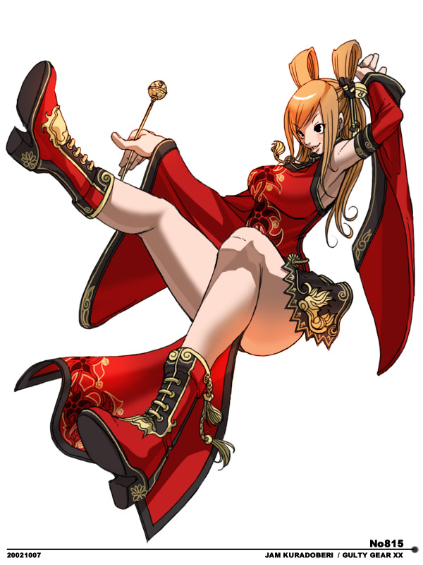 1girl arc_system_works arm_up armpits bangs bell black_eyes blush boots character_name china_dress chinese_clothes copyright_name dated detached_sleeves dress falcoon floral_print from_side full_body grin guilty_gear guilty_gear_xx hair_bell hair_ornament hair_rings half_updo high_heel_boots high_heels jingle_bell kuradoberi_jam leg_up legs long_hair orange_hair red_dress side_slit simple_background smile solo twintails white_background wide_sleeves