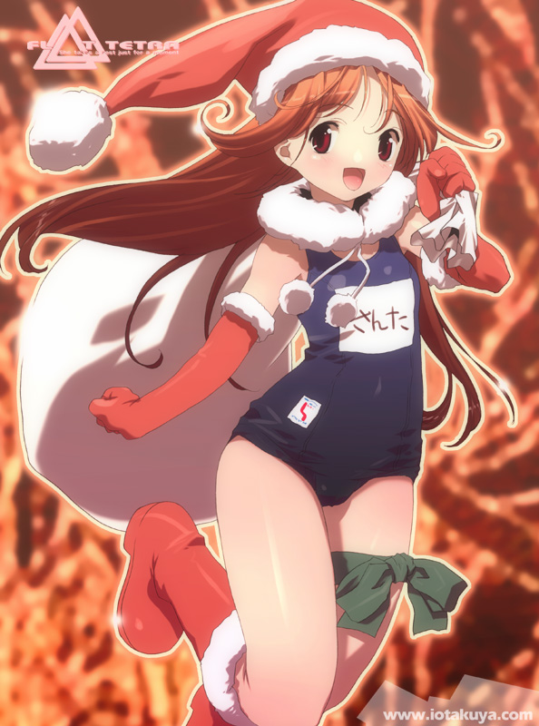 1girl boots brown_hair christmas gloves hat io_takuya long_hair name_tag one-piece_swimsuit original red_eyes red_gloves sack santa_costume santa_hat school_swimsuit solo swimsuit