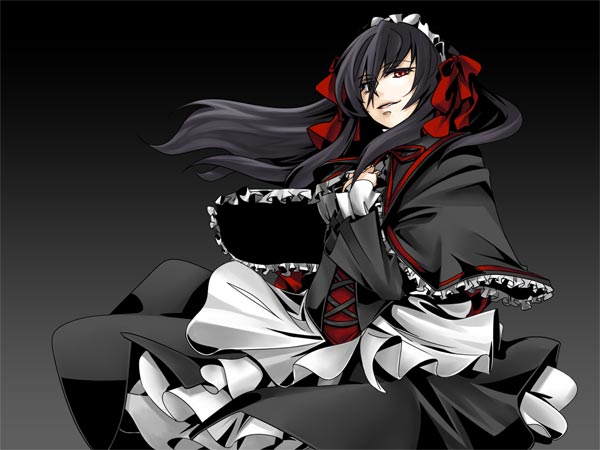 1girl april april_(coyote_ragtime_show) bk black_background black_hair coyote_ragtime_show dress frills gothic gradient gradient_background grey_background hair_ribbon hands_on_own_chest long_hair mudo_(saji) red_eyes ribbon simple_background smirk solo standing