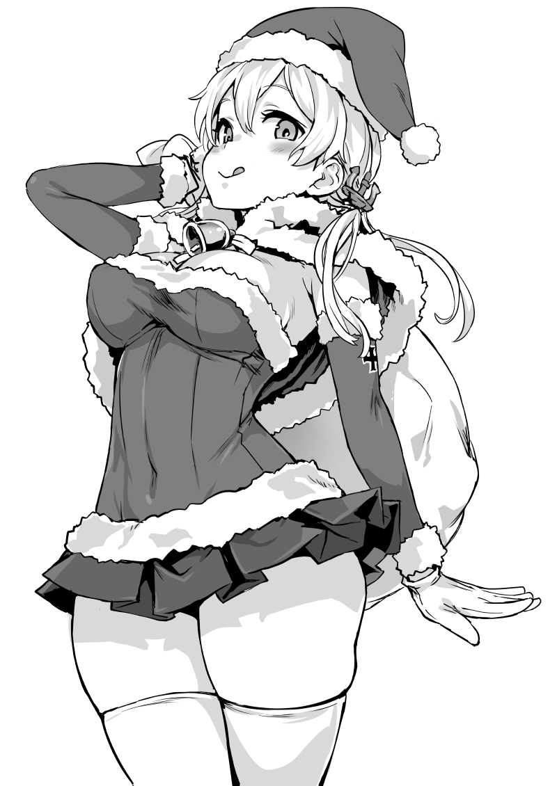 :p anchor_hair_ornament asanagi breasts detached_sleeves gloves hair_ornament hat iron_cross kantai_collection low_twintails medium_breasts microskirt monochrome prinz_eugen_(kantai_collection) santa_costume santa_hat skirt stole thigh-highs tongue tongue_out twintails white_gloves