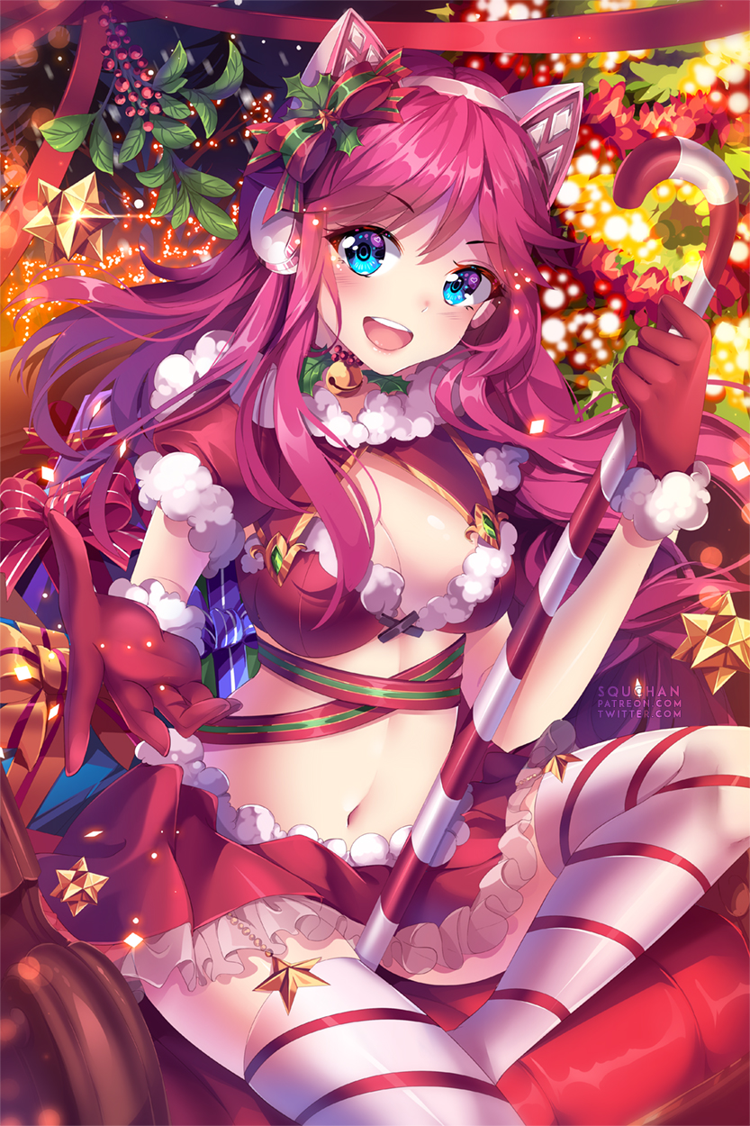 1girl :d animal_ears artist_name bell bikini_top blue_eyes blush bow box candy candy_cane cat_ear_headphones christmas christmas_lights christmas_ornaments christmas_tree commentary fake_animal_ears food fur-trimmed_bikini fur-trimmed_gloves fur-trimmed_skirt fur_trim gift gift_box gloves hair_bow head_tilt headphones highres holding jingle_bell long_hair looking_at_viewer navel open_mouth original outstretched_arm puffy_short_sleeves puffy_sleeves purple_hair red_bikini_top red_bow red_gloves red_skirt santa_costume santa_gloves short_sleeves sitting skirt smile solo squchan star striped striped_bow striped_legwear thigh-highs very_long_hair watermark web_address white_legwear