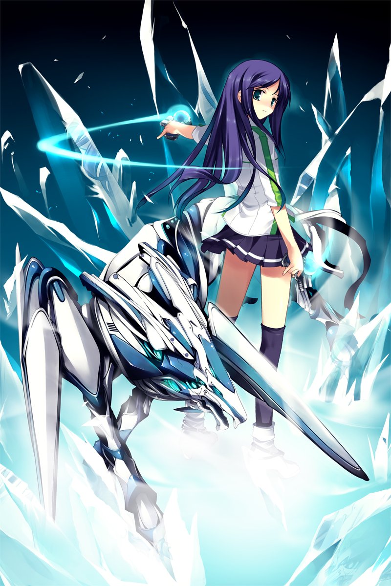 00s 1girl black_legwear black_skirt circus_(studio) creature crystal dhuran from_behind full_body green_eyes highres ice kneehighs kuga_natsuki long_hair looking_at_viewer looking_back mai_hime:_the_another my-hime official_art pleated_skirt purple_hair shirt short_sleeves skirt solo unmei_no_keitouju white_shirt