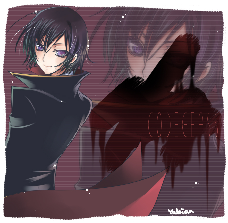 1boy artist_name black_hair blood cape code_geass copyright_name lelouch_lamperouge looking_at_viewer looking_back male_focus smile solo upper_body violet_eyes yukian zoom_layer