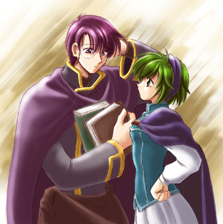 angry blue_eyes book canas cape fire_emblem fire_emblem:_rekka_no_ken green_hair hairband lowres mage monocle nino_(fire_emblem) short_hair uncle_and_niece