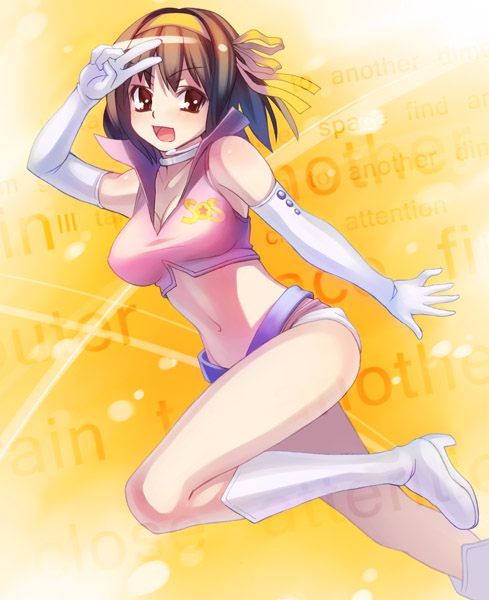 1girl boots brown_eyes brown_hair choker cosplay elbow_gloves gloves headset high_heels midriff oryou shoes short_hair short_shorts shorts solo sos_galactic_patrol suzumiya_haruhi suzumiya_haruhi_no_yuuutsu white_boots