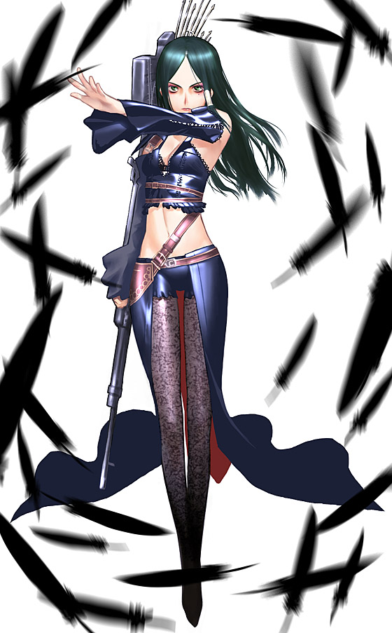 1girl alicia_(bullet_witch) alicia_claus aq_interactive blue_eyes bullet_witch cavia detached_sleeves feathers green_hair gun long_hair long_sleeves looking_at_viewer midriff mole navel pants pose sakamoto_mineji serious simple_background solo stomach weapon white_background