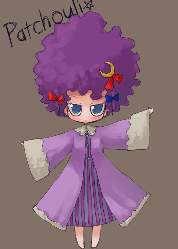 1girl :&lt; afro alternate_hairstyle chibi crescent crescent_hair_ornament female flat_gaze hair_ornament outstretched_arms parody patchouli_knowledge solo spread_arms tao tao_(kadoya) touhou