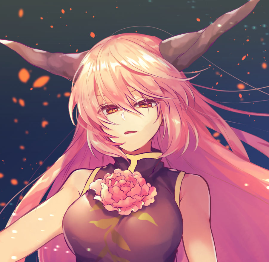 1girl bangs bare_shoulders breasts commentary_request dress dress_flower expressionless eyelashes flower gold_trim gradient gradient_background horns ibaraki_douji_(touhou) large_breasts long_hair looking_at_viewer oni oni_horns open_mouth parted_lips pink_eyes pink_flower pink_hair pink_rose rose shiny shiny_hair sidelocks simple_background sleeveless sleeveless_dress slit_pupils solo standing tabard tomobe_kinuko touhou vine_print