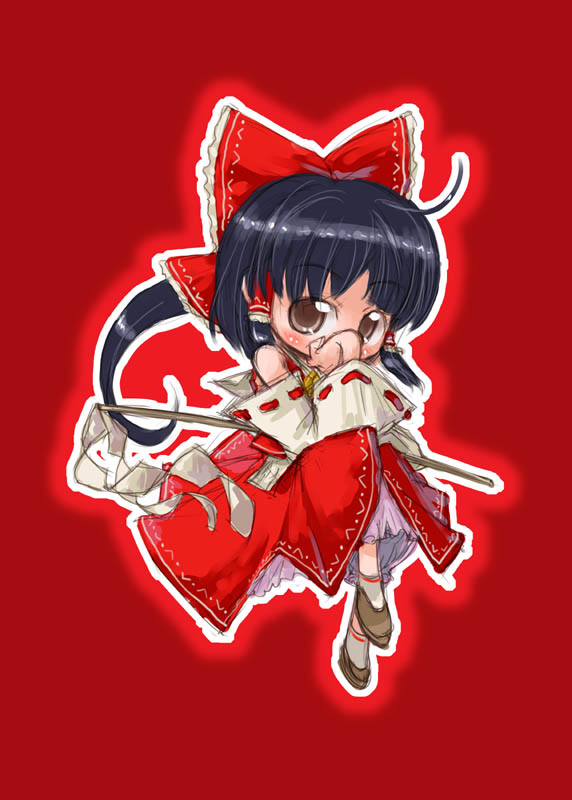 1girl black_hair bow brown_eyes detached_sleeves dress female flower gohei hair_bow hakurei_reimu holding imperishable_night long_sleeves looking_at_viewer red_background red_bow red_dress ribbon-trimmed_sleeves ribbon_trim short_hair simple_background solo stick tao tao_(kadoya) touhou wide_sleeves