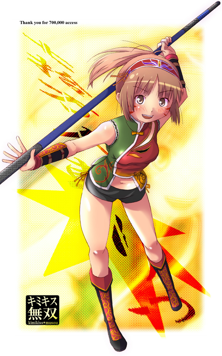 1girl :d boots brown_boots brown_eyes brown_hair cosplay full_body hits holding holding_weapon kimi_kiss knee_boots looking_at_viewer nyazui open_mouth polearm ponytail rod running sakino_asuka shin_sangoku_musou short_shorts shorts smile solo staff weapon