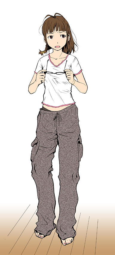 akizuki_ritsuko baggy_pants barefoot braid glasses holding holding_glasses idolmaster long_image messy_hair pants shirt side_braid t-shirt tall_image tamaoki_benkyou