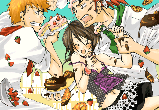 1girl 2boys abarai_renji bleach chocolate food food_fight fruit kuchiki_rukia kurosaki_ichigo love_triangle multiple_boys orange orange_slice strawberry