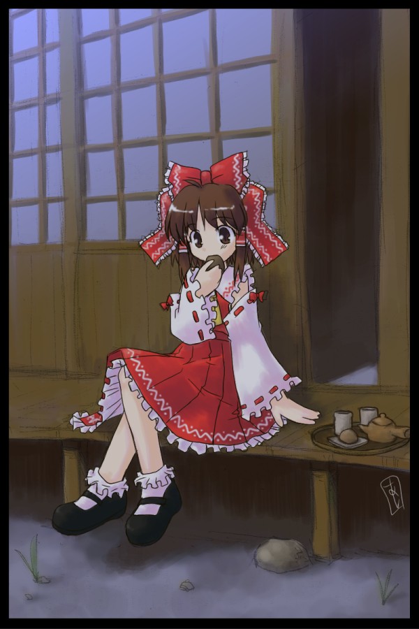 1girl ascot bow brown_eyes brown_hair cookie cup detached_sleeves dress eating female food frills hair_bow hair_tubes hakurei_reimu imperishable_night red_dress shoes short_hair sitting socks solo teapot touhou tray yunomi