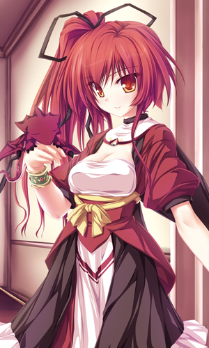 1girl bracelet dress indoors jewelry looking_at_viewer lowres magus_tale original puffy_short_sleeves puffy_sleeves red_dress red_eyes redhead sash seera_finis_victoria short_hair short_sleeves side_ponytail solo standing tenmaso underbust