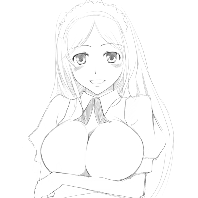 1girl breasts buchi_(artist) female hiyorimi_sawawa kaibutsu_oujo lowres maid monochrome simple_background sketch solo