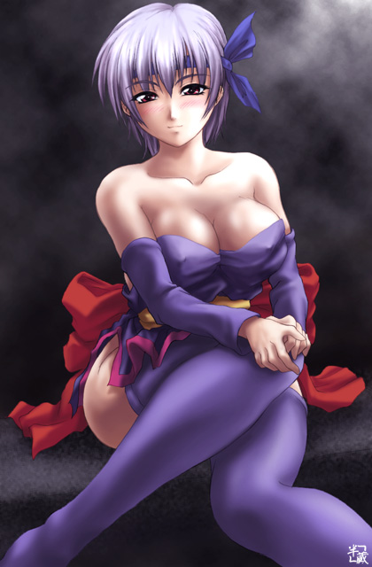 1girl ayane ayane_(doa) bangs bare_shoulders blush boots breasts cleavage closed_mouth dead_or_alive detached_sleeves female headband kagehara_hanzou purple_boots purple_hair purple_legwear purple_sleeves short_hair sitting solo strapless tecmo thigh-highs