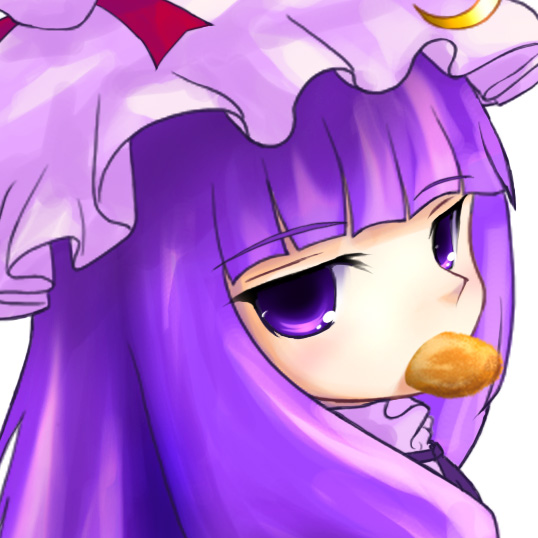 1girl chipika close-up croquette female hat looking_back mouth_hold patchouli_knowledge purple_hair solo touhou tsubasa_(abchipika)