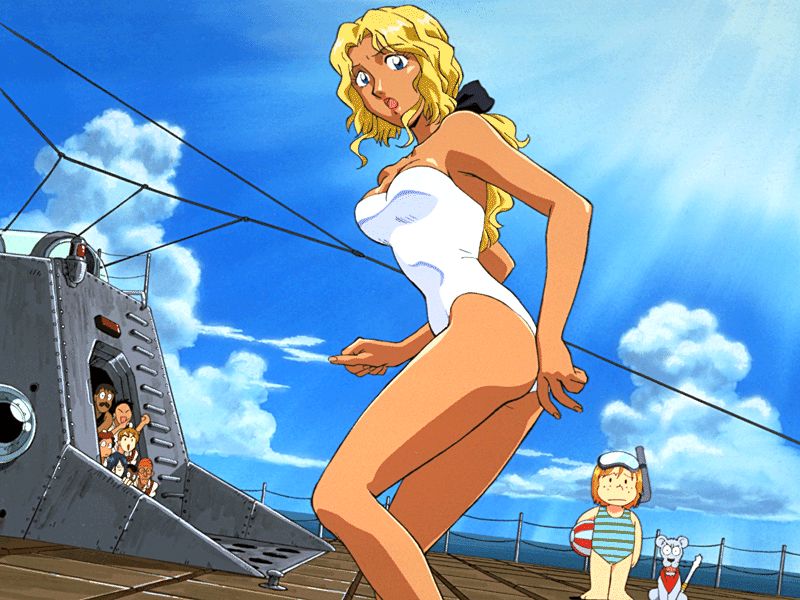 2girls 6+boys 90s ball ballast_operator_(nadia) beachball blonde_hair blue_eyes chief_navigator_(nadia) echo_willan electra extra fushigi_no_umi_no_nadia goggles helmsman_(nadia) king king_(nadia) lion long_hair marie_en_carlsberg multiple_boys multiple_girls nautilus nautilus_crew one-piece_swimsuit peeping redhead ribbon short_hair sky snorkel strapless strapless_swimsuit submarine swimsuit voyeurism water