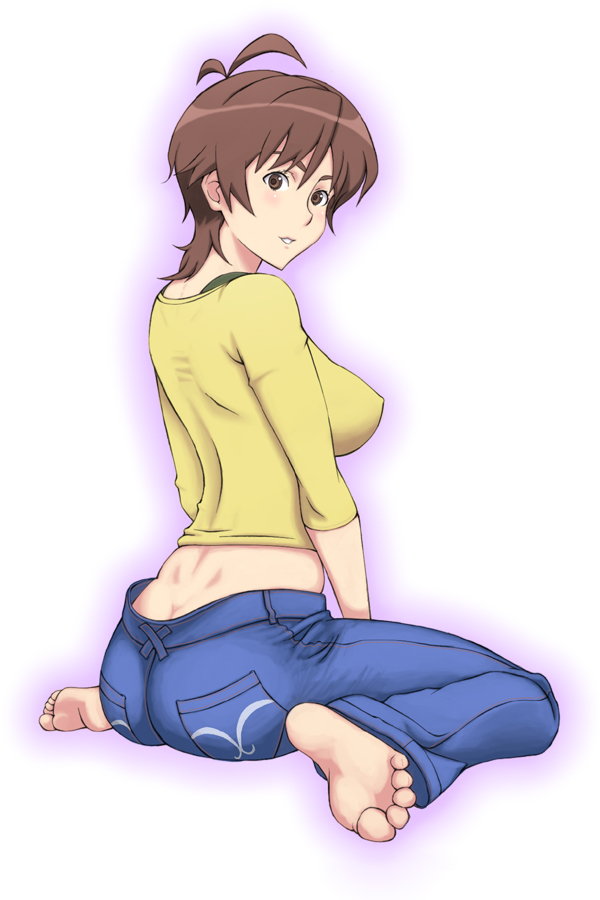 1girl amaha_masane antenna_hair ass barefoot breasts brown_hair butt_crack denim dimples_of_venus feet female jeans kazunari large_breasts looking_back pants sideboob sitting soles solo toes wariza witchblade