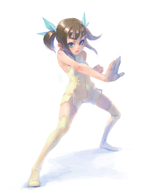 blue_eyes brown_hair fighting_pose fighting_stance simple_background thigh-highs twintails weno