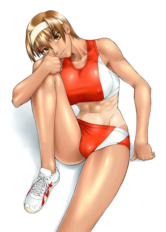 1girl abs athletic bang-you breasts brown_eyes brown_hair buruma dark_skin female huge_breasts kashiwagi_azusa kizuato midriff muscle one-piece_tan shiny shiny_skin short_hair simple_background solo sport tan tanline toned track_and_field