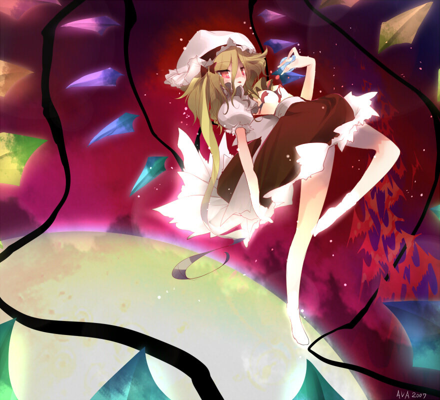 1girl bare_legs blonde_hair crystal demon_wings dress female flandre_scarlet frills hat looking_at_viewer mob_cap mugen_dai puffy_short_sleeves puffy_sleeves rainbow_order red_dress red_eyes remilia_scarlet short_hair short_sleeves side_ponytail solo touhou wings
