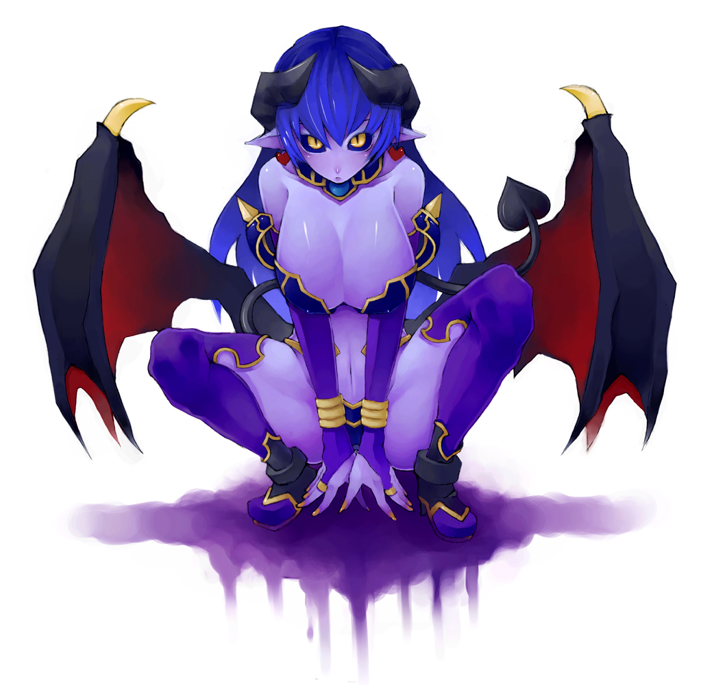 1girl aco_(koaya_ako) astaroth_(shinrabanshou) black_sclera blue_hair blue_skin boots breasts cleavage demon_girl demon_horns demon_tail demon_wings earrings elbow_gloves fingerless_gloves gloves heart heart_earrings horns jewelry large_breasts long_hair pointy_ears purple_boots ring shinrabanshou simple_background solo spikes squatting succubus tail thigh-highs wings yellow_eyes