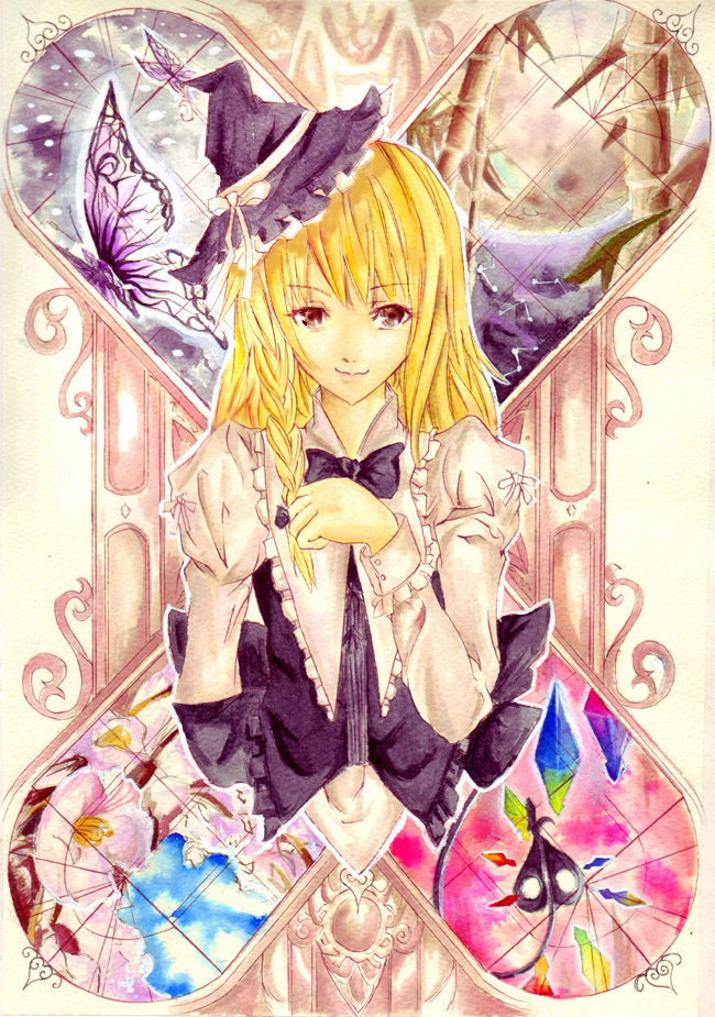 1girl alternate_color bamboo bangs blonde_hair blue_sky bow braid butterfly closed_mouth constellation crystal door eyebrows eyebrows_visible_through_hair female flower frills hair_bow hat hat_bow hat_ribbon heart juliet_sleeves kirisame_marisa laevatein long_hair long_sleeves looking_at_viewer moon night night_sky puffy_sleeves purple_bow purple_hat ribbon single_braid sky smile snowing solo tomasu touhou traditional_media tsurukame upper_body violet_eyes white_bow white_ribbon wings witch_hat