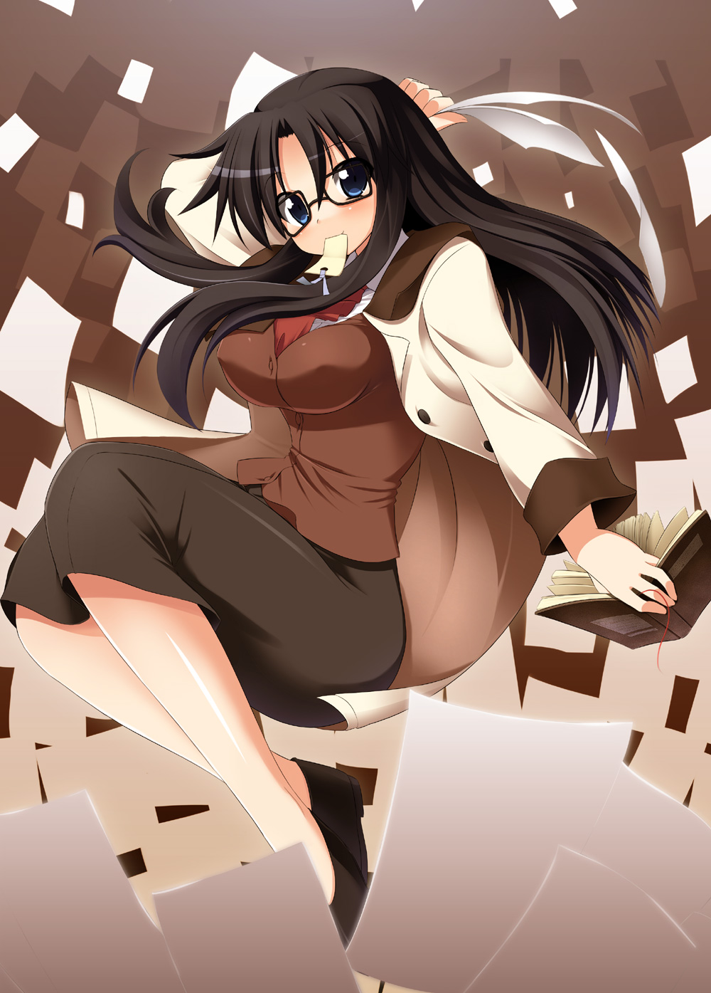 00s 1girl blue_eyes book flying_paper glasses highres hoppege long_hair mouth_hold paper read_or_die skirt solo yomiko_readman