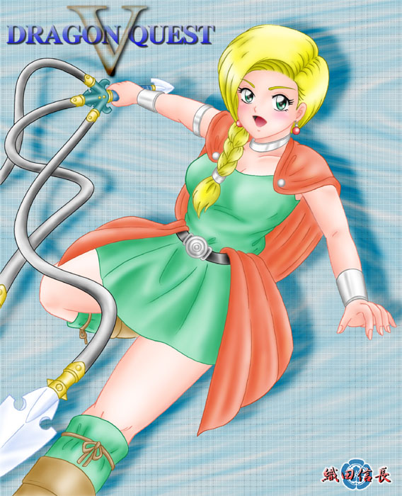 1girl bad_anatomy bianca blonde_hair blush braid cape dragon_quest dragon_quest_v dress green_eyes hair_over_shoulder poorly_drawn single_braid whip