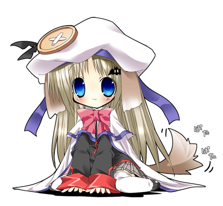 1girl animal_ears blue_eyes bow buttons cape chibi dog_ears dog_tail hat large_buttons little_busters!! lowres noumi_kudryavka paco pink_bow school_uniform serafuku solo tail