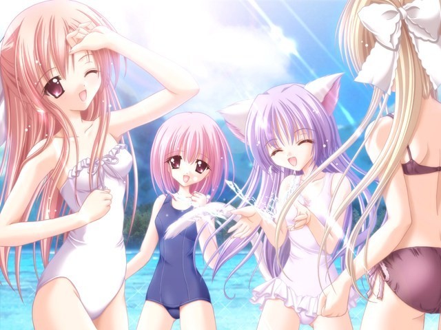 4girls animal_ears bikini blonde_hair bow bowtie cafe_little_wish cat_ears cat_tail flat_chest from_behind game_cg karen_(cafe_little_wish) lily_(cafe_little_wish) long_hair merun mina_(cafe_little_wish) multiple_girls one-piece_swimsuit pink_hair purple_hair school_swimsuit short_hair splashing swimsuit tail tinker_bell water wink