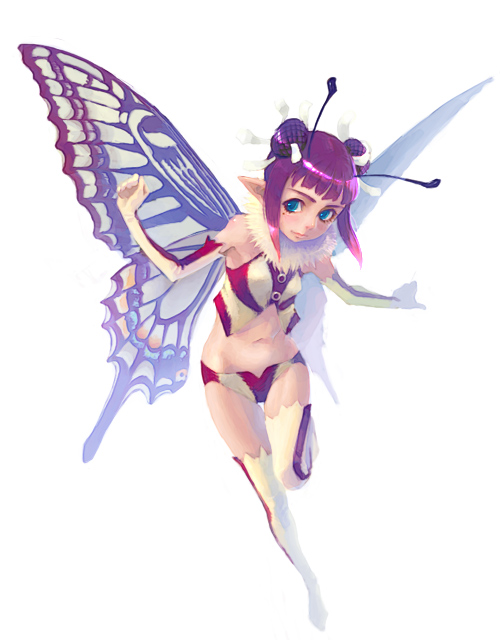 1girl antennae butterfly_wings fairy pointy_ears simple_background solo thigh-highs weno wings