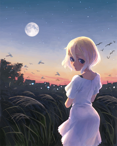 1girl bird blonde_hair cityscape dragonfly dress full_moon insect lowres moon original scenery sky solo weno weno's_blonde_original_character