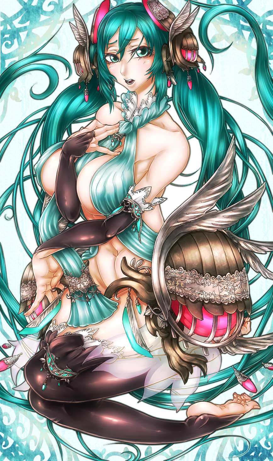 barefoot breasts bridal_gauntlets green_eyes green_hair hand_on_chest hand_on_own_chest hatsune_miku hatsune_miku_(append) highres jongo large_breasts miku_append open_mouth thigh-highs thighhighs twintails vocaloid vocaloid_append