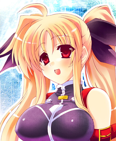 armband belt blonde_hair blush breasts close-up fate_testarossa hair_ribbon iga_tamaki large_breasts long_hair mahou_shoujo_lyrical_nanoha mahou_shoujo_lyrical_nanoha_strikers open_mouth red_eyes ribbon shiny shiny_clothes smile solo strap turtleneck twintails