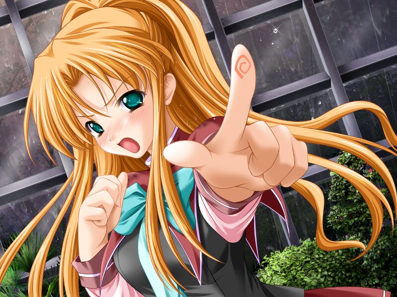 fingerprint floralia game_cg green_eyes long_hair masaharu orange_hair pointing ponytail sannomiya_yukari school_uniform