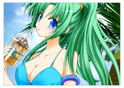 bikini blue_eyes blush breasts cleavage close-up cloud drink green_hair higurashi_no_naku_koro_ni large_breasts long_hair lowres nail_polish outdoors palm_tree ponytail product_placement sky solo sonozaki_mion starbucks straw suzuragi_karin swimsuit tree