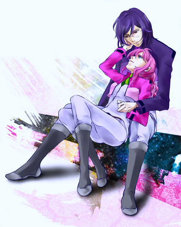 1girl bad_id boots couple eye_contact feldt_grace glasses gundam gundam_00 hand_holding holding_hand holding_hands jacket pants pink_hair ponytail purple_hair short_hair sitting ta_ko tieria_erde