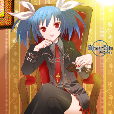 blue_hair chair chin_rest chocolate cross crossed_legs eitomo_haruno flat_chest gothic hair_ribbon lowres nail_polish necktie original plaid red_eyes ribbon short_twintails silver_rain sitting skirt smile solo strap thigh-highs thighhighs twintails zettai_ryouiki