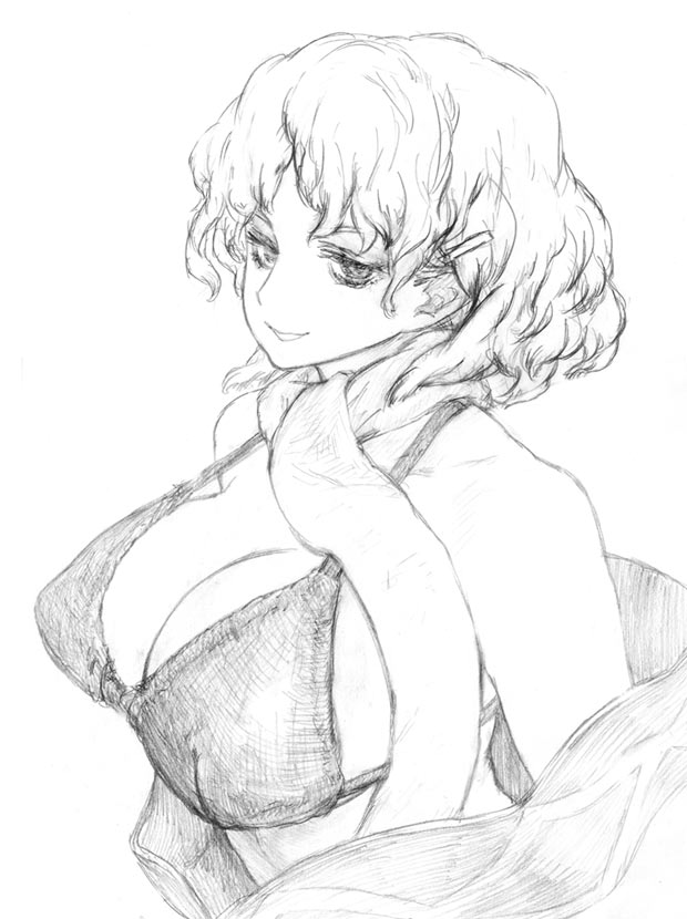 breasts cleavage large_breasts mizuhashi_parsee monochrome scarf short_hair sketch touhou
