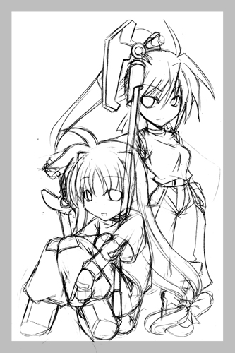 fate_testarossa hagane_soushi kagura_soushi long_hair lowres mahou_shoujo_lyrical_nanoha mahou_shoujo_lyrical_nanoha_strikers monochrome ponytail signum sketch very_long_hair