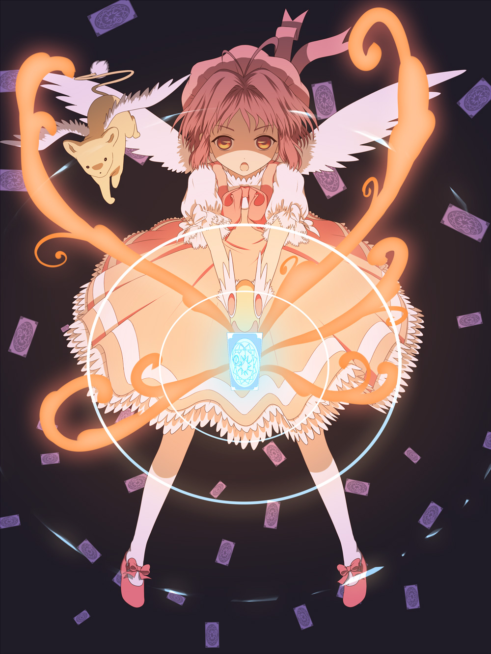 card_captor_sakura cardcaptor_sakura dress fuuin_no_tsue hat highres kero kinomoto_sakura magical_girl ribbon short_hair urue wings