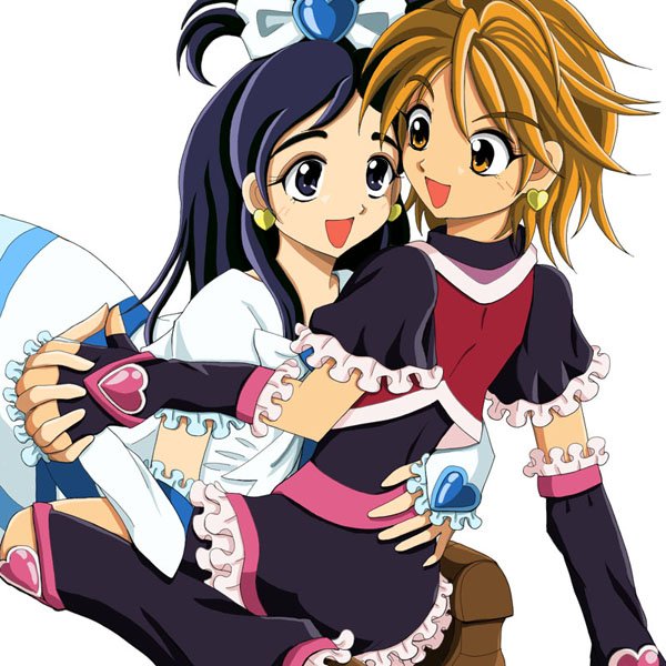 black_hair blue_eyes brown_eyes cure_black cure_white futari_wa_precure futari_wa_pretty_cure hand_holding heart holding_hands hug long_hair magical_girl misumi_nagisa multiple_girls orange_hair precure short_hair yukishiro_honoka