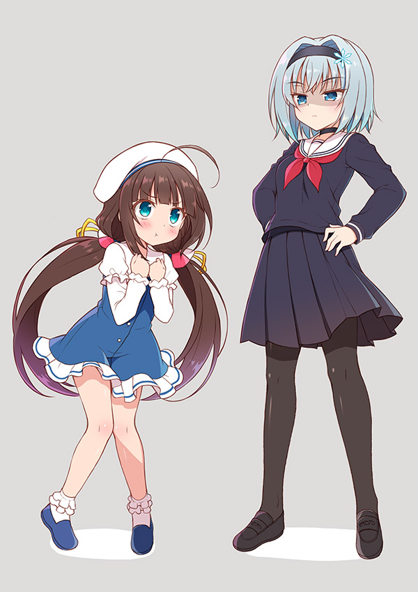 2girls ahoge beret black_choker black_hairband black_legwear black_serafuku black_skirt blue_eyes blush brown_hair choker full_body grey_background hair_ornament hairband hands_on_hips hat hinatsuru_ai long_hair looking_at_another looking_down looking_up moribe_(rabumanyo) multiple_girls pantyhose pleated_skirt pout ryuuou_no_oshigoto! school_uniform serafuku short_hair size_difference skirt snowflake_hair_ornament sora_ginko standing twintails white_beret white_hat