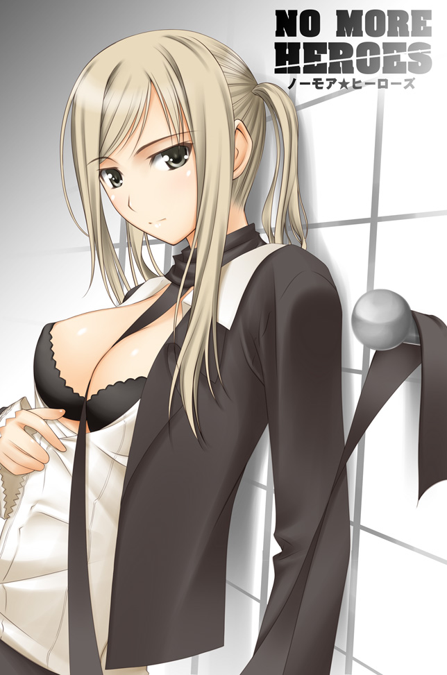 1girl between_breasts big_wednesday blonde_hair bra breasts cleavage grasshopper_manufacture large_breasts lingerie no_more_heroes open_clothes open_shirt shirt silvia_christel solo sylvia_christel underwear