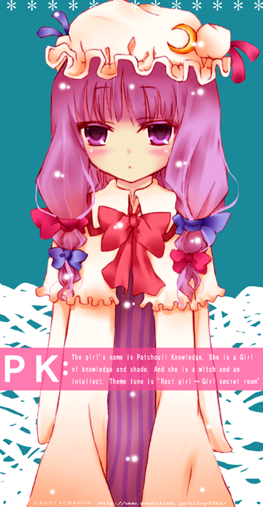 1girl 23 23_(candy_chapus) :&lt; bangs bow bowtie character_name colored_eyelashes crescent dress english female frills hair_bow hat hat_ribbon long_hair long_sleeves looking_at_viewer mob_cap patchouli_knowledge pink_bow purple_hair ribbon sidelocks sleeves_past_wrists solo striped touhou vertical_stripes violet_eyes watermark web_address