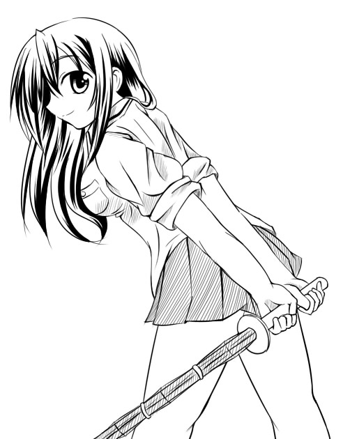 bamboo_blade jun_(aoerm) kuwahara_sayako leaning_forward monochrome shinai sleeves_rolled_up sword weapon