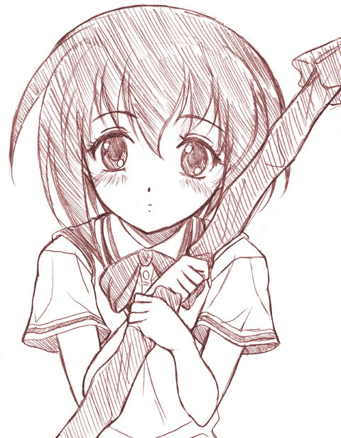 1girl bamboo_blade kawazoe_tamaki kusui_aruta monochrome pink school_uniform serafuku shinai solo sword weapon